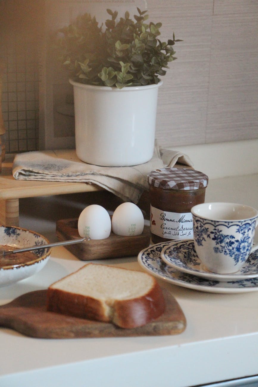 cozy breakfast setup with jam and eggs